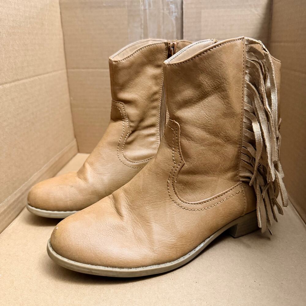 Levvy Girls Fringe Cowgirl Boots Low Heel Zip Closure Tan Brown Size 4